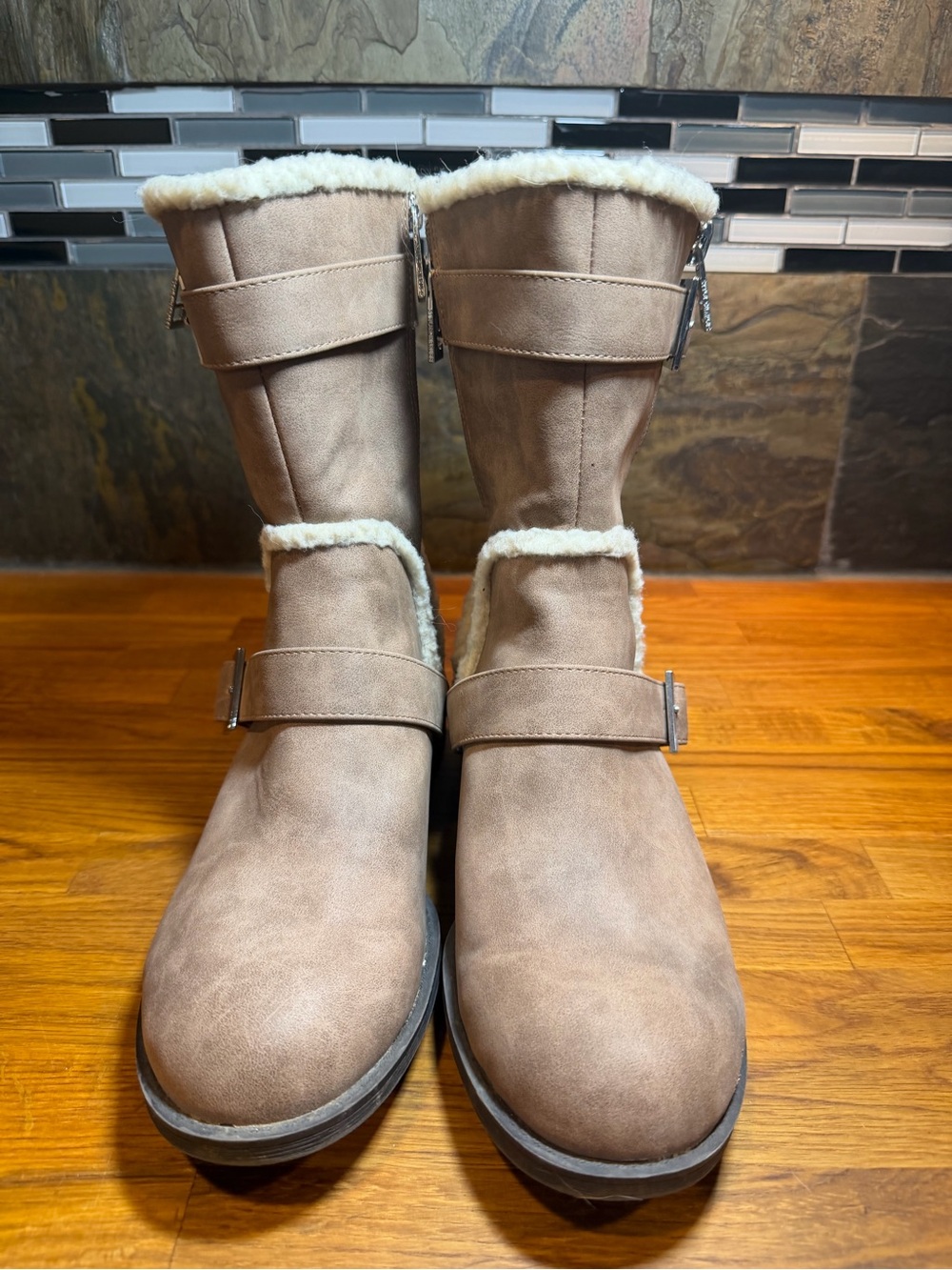 Charles - Women's Taupe Faux-Shearling Mid-Calf Boots, women’s size 9